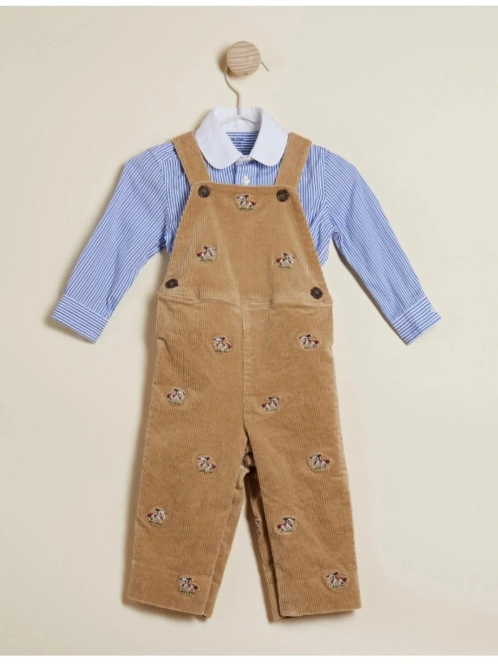 Ralph Lauren Tan Corduroy Overalls with Embroidered Puppy Motifs